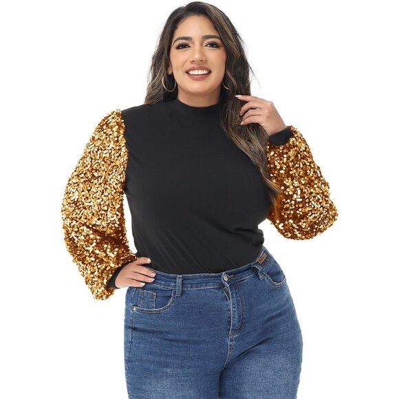 Women's Plus Size Sparkle Sequin Sweatshirt Mock Neck Long Sleeve Glitter Top - Picture 3 of 5